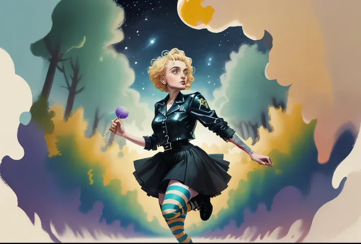 Painting oil colors low angle eye - catching carnivalesque whimsical sci-fi portrait of a tattooed straight middle cut blonde hair woman jumping in a electric violet desertwave lollipop forest, surreal tall striped red lollipop, grandiose landscapes, solid...