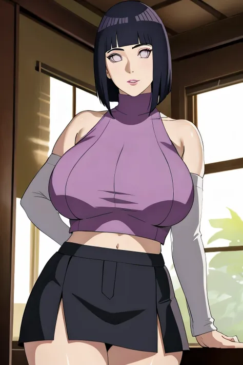 masterpiece, absurdres, hinata(boruto), 1girl, solo,mature female, mini skirt, perfect composition, detailed lips, gigantic breast, beautiful face, body propotion, (pink lips), short hair,  purple eyes,  soft gaze,  super realistic, detailed, photoshoot, r...