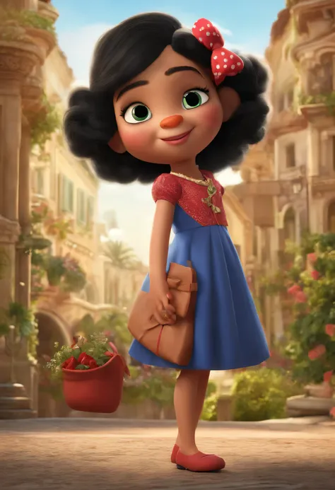 Keroppi, um personagem feminina. Galinha e uma raposa, FABLE . vestido velho, simples de camponesa, Black hair with ribbon bow, ..3d, pincelada afiada,  Pixar, Hyper-realistic illustrations, Fotografia vibrantemente surreal.