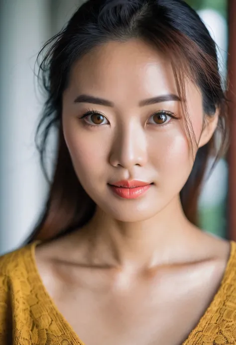 portrait photo of a asia woman, portrait taken with a DSLR camera, 50mm lens, natural light photography