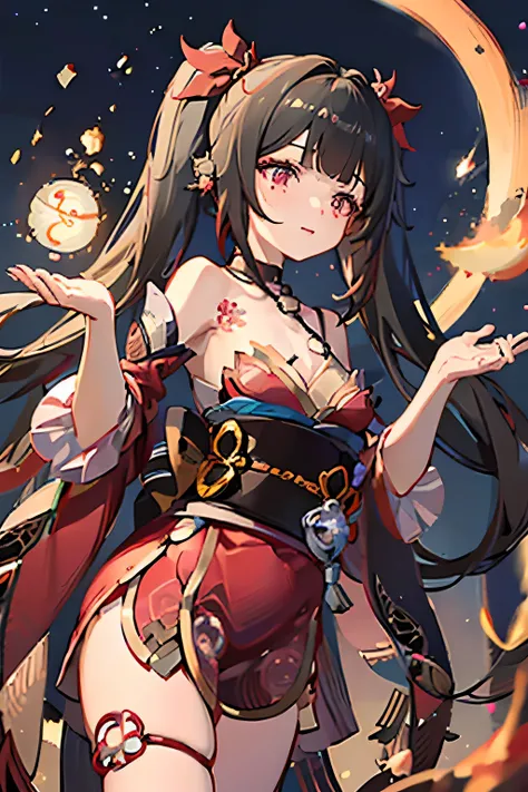 girl、walnut（Genshin）、firework（star rail）、kimono、highly exposed、big breasts、big altar in the back、Looks happy、Bruising and ugly feeling、A landscape where you can feel the mystery of the universe behind you