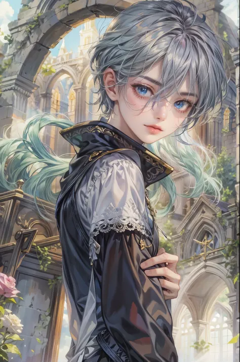 ((Best quality)), ((masterpiece)), (detailed), ((perfect face)), ((halfbody)) a character from pretty cure in male version, handsome boy with an anime eyes in a detailed sanctuary background and a ruined church beside an ocean