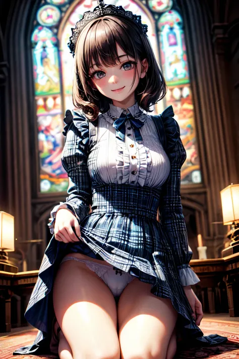 very cute and beautiful girl,(highly detailed beautiful face), (smile),blush,black hair,cowboy shot,looking at viewer,kneeling, (elegant blue plaid lolita dress with detailed frills),detailed lace,(skirt lift,white panties), altar,church,indoors, (best qua...