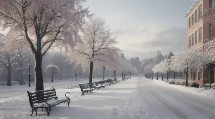 snowy scene of a street with benches and trees in the foreground, inspired by andrey ryabovichev, inspired by Igor Kufayev, by Alexey Venetsianov, by andrey ryabovichev, by Igor Grabar, by Igor Kufayev, beautiful russia of the future, andrey gordeev