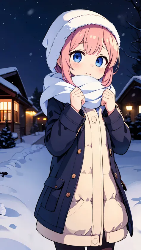 girl, winter, night, snowfall