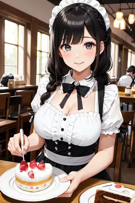 highest quality、High resolution、detailed background、Beautiful and dense face、beautiful and smooth skin、skin texture、cute10代の美少女、(huge breasts:1.3)、realistic、perfect body line、black hair braided ponytail、Calm atmosphere、
He looked at me with a happy express...