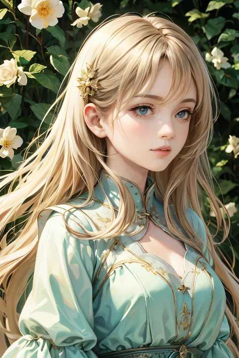 (best quality,8K,CG),detail upper body,lonesome girl,floral dress,forest background,detailed facial features,elegant long hair,almond-shaped eyes,detailed eye makeup,long fluttering eyelashes,blinking big eyes,twinkling stars,complex lip details,soft style