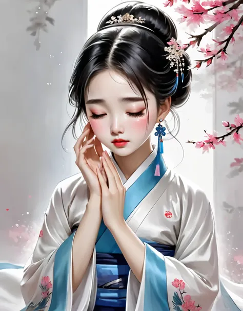 sketch：（beautiful face of crying chinese girl covering her face with handkerchief）, （with many, many tears in her eyes：1.3），（eye...