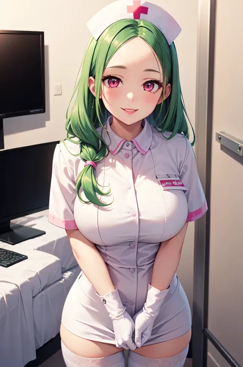 1woman, solo, nurse, white nurse cap, white nurse uniform, ((white legwear, zettai ryouiki)), white gloves, forehead, long hair, green hair, pink eyes, pink lips, smile, standing, ((hospital room)), sharp outline, short sleeves, mature female, 35 years old...