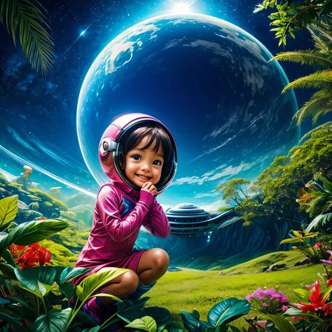 “A real 4 year old  curiously explores an alien planet with vibrant chrome vegetation, the  looks at the camera with a cheerful expression, her face is clearly visible. The surreal landscapes and flora create a stunning juxtaposition in a space age paradis...