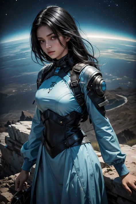 Beautiful woman. Black hair. Sixteen-year-old. The woman is wearing clothes that are based on light blue. Image of earth and desolate land on female background.