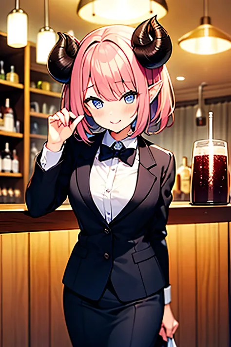 The girl has pink hair tied up in a bun.、Bob Long、the girl is herding sheep&#39;horns grow from her head.、wearing a suit、bar、Ladylike、cute、pointed ears、Eroge、liquor