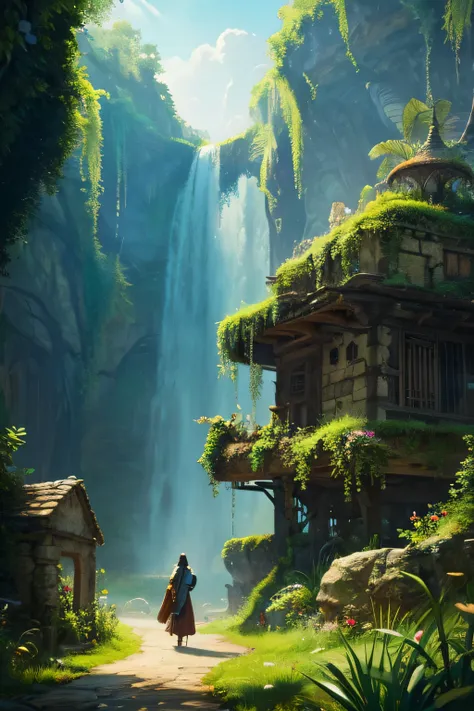 Ruins covered in greenery，a world without anyone，mysterious ruins，Nice views，Omi ruins，Otherworldly atmosphere，illustration style，Trending at Art Station