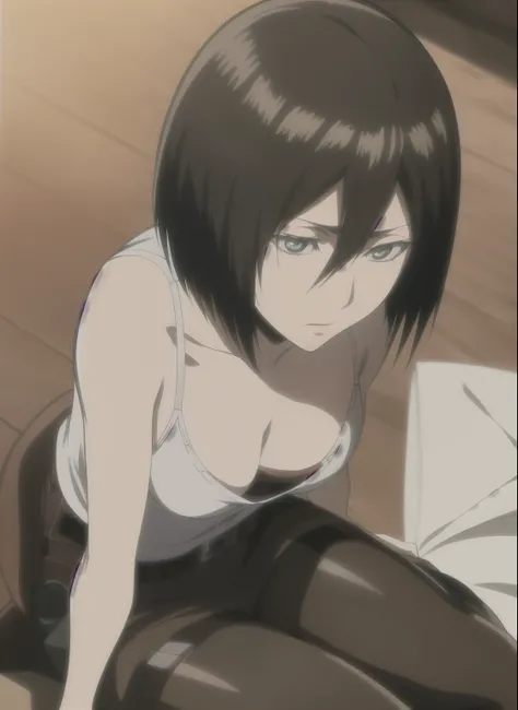 Anime girl sitting on the floor，There is a laptop on my lap, seductive anime girl, from attack on titan, Mikasa Ackerman, (attack on titan animation), in attack on titan, Xin Jiacheng, OPPEIN, female anime characters, Screenshots from the 2012 animation, K...