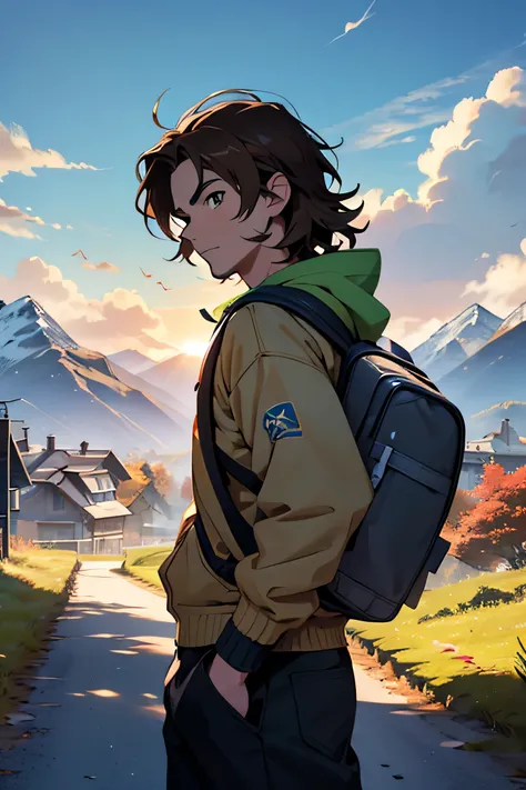 Generate an anime-style image based on Pokémon art featuring a light-skinned young adult, Cabelo castanho ondulado, e uma leve barba por fazer. Alta qualidade facial. He is wearing late autumn clothes and carrying a backpack, Reminds me of a Pokémon traine...