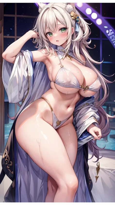 blonde wavy hair、cute anime face、thick thighs、8k、4k、highest quality、(High resolution:1.6)、noise reduction、((glowing green eyes、high detail eyes:1.5、Sweat、blush、open your mouth))、(SFW huge body:1.3)、(((model pose)))、(white calvin klein thong、high leg cut)、(...