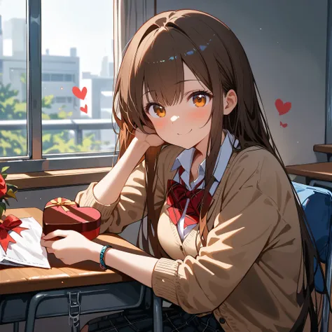 (masterpiece, best quality:1.2), 1girl, solo, sitting, valentine, smile, school_uniform, long_hair, brown_hair, indoors, bracele...