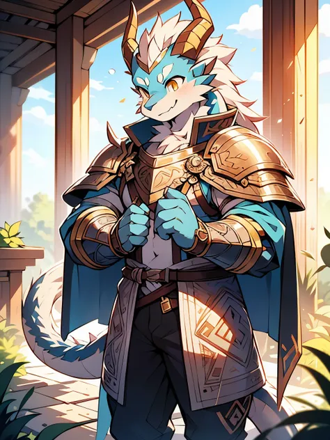 alone,Strong body type,Wearing silver knight armor,Blue by Capelet,juvenile,Silver Dragon,silver body,white belly,silver dragon tail,golden eyes,golden dragon horn,Full of majesty,Sunny and cheerful,Paladin,holding sword with both hands,Temple 8k,(illustra...