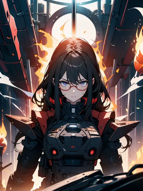 absurd solution, High resolution, (masterpiece: 1.4), hyper detail, and me, black armor, big warehouse, please open your eyes, red glasses, towards the lens, fire, body power stove heat, Robot arm with flame and white smoke in hand、beautiful anime、detailed...