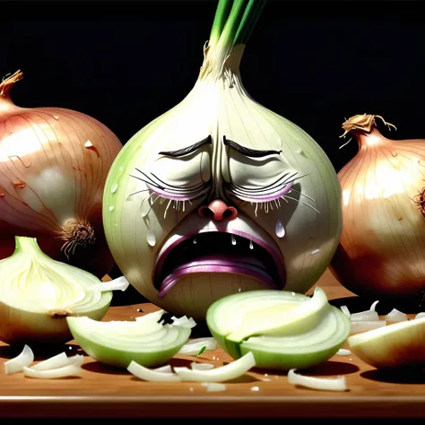 crying, sobbing, tears, anthropomorphic onion chopping onions, full of tears, sad cry, absurd, surreal, realism with cartoonish ...