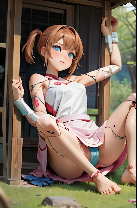 A Female robot is sleeping in forest, spread legs, nude, banzai pose. she wears no dress. She Brown short hair is tied with two big red clothespins, She lifts up the under hem of her white plain dress, leaning over, masterpiece, very short pigtails,brown h...