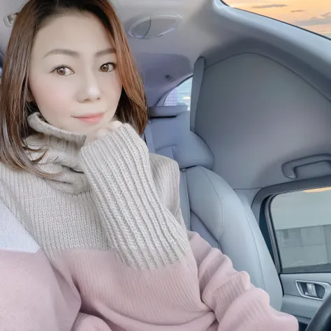 Close-up of a woman wearing a turtleneck sweater riding in a car, 8K selfie photo, 🚿🗝📝, Yoshitomo Nara, Chiho, 🪔 🎨;🌞🌄, Narumi Kakinouchi, Akasatanahaon , 8K))