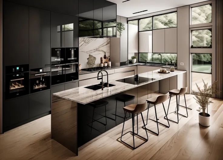 a kitchen with black plastic cabinets, glossy finish, modern electric appliances, stainless steel sink, granite countertop, soft...