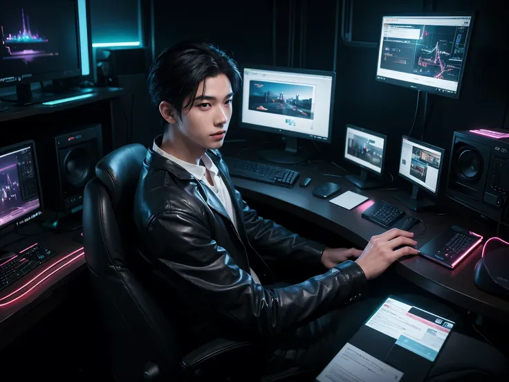 a computer desk with two monitors and a keyboard, computer graphics by Beeple, trending on cg society, computer art, retrowave, glowing lights, synthwave. a handsome asian young man facing the camera head on 