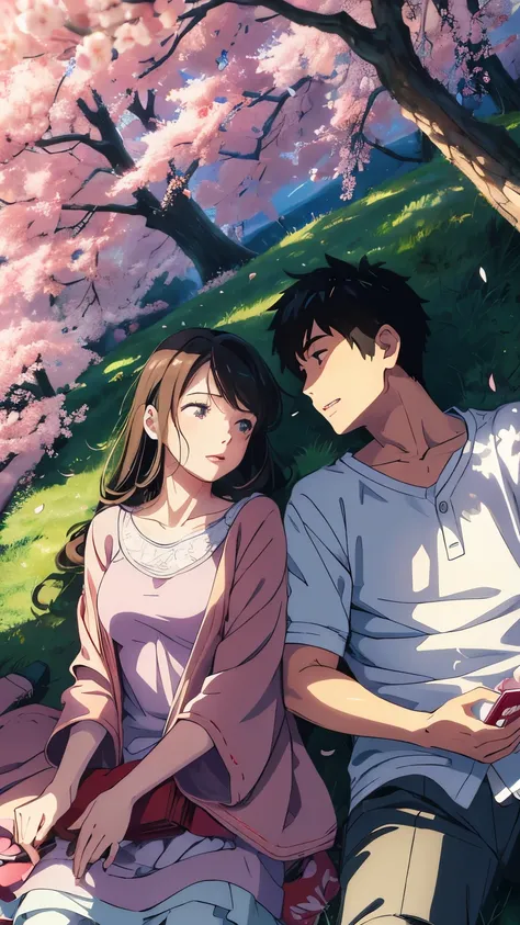  In a grassy park dotted with cherry blossom trees, a teenage boy and girl are lying side by side on a soft blanket. They are looking up at the branches overhead, where cherry blossom petals are raining down like confetti. The boy has his arm around the gi...