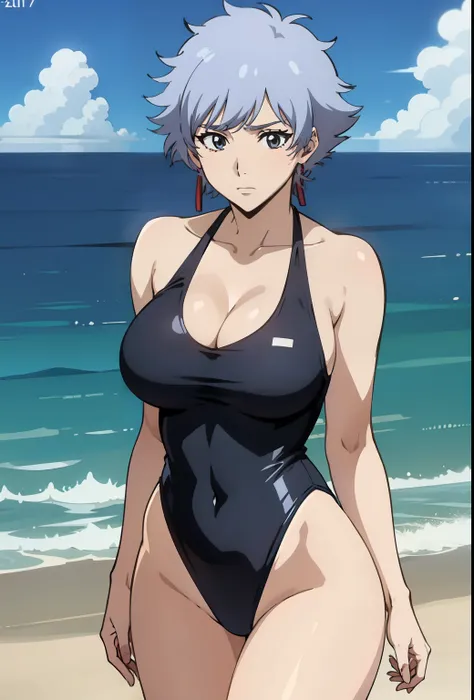 anime woman in a white piping and black swimsuit on the beach waving、woman with short silver hair、gray eyed woman、is wearing a s...