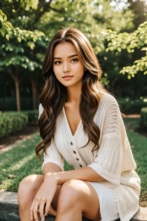 (best quality,hyperrealistic),1girl,(healthy:1.1) body,(170 cm tall),(brown long hair:1.1),(beautiful detailed eyes:1.1),(beautiful detailed lips:1.1),fashionable outfit,confident and friendly expression,natural beauty, sitting posture,garden background,po...