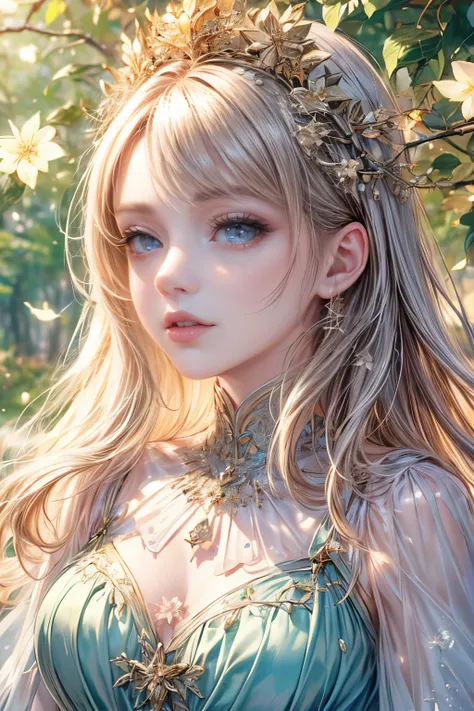 (high quality, 8K, CG, Upper body details,  girl, Floral Dress, forest background, detailed facial features, elegant long hair, big almond eyes, Detailed eye makeup, long eyelashes fluttering, blinking big eyes, twinkling stars, Intricate lip details, The ...