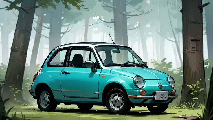 Toriyama Meifeng、深いforestに迷い込んだfiat500、A distant car that looks small、A distant car that looks small、car that looks small、watching from a distance、深いforestの中、forest、forestForest、Forest、wood々、wood、深いforest、rain、Forest道、土砂降りのrain、Forest道に停車しているスバル360、drawing...