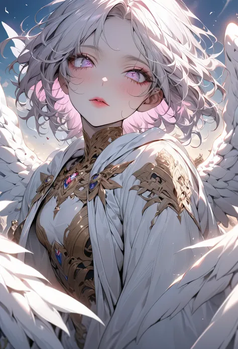 ((original photo)), ((masterpiece)), Anthropomorphic humanoid angel girl wearing white noble robe, intricate details, football, Intricate Gribbles Works, The sky behind, Pink, beautiful wings, Detailed eyes and lips