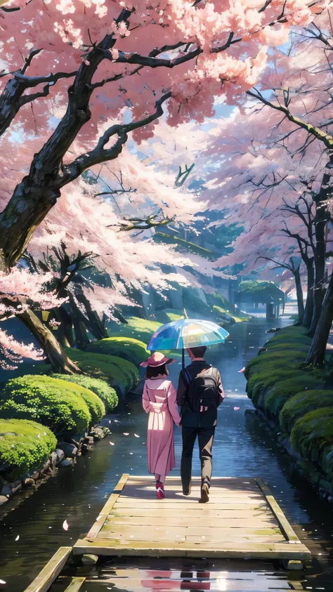 Two high school students, a boy and a girl, are standing on a wooden bridge that spans a tranquil stream. Cherry blossom petals drift gently on the breeze around them, creating a picturesque scene. The boy is holding an open umbrella over their heads, shie...