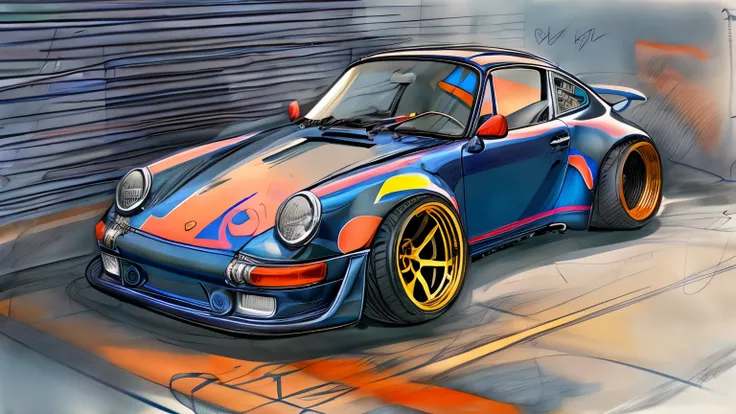 vivid navy blue porsche 911 rwb, hot- rod cartoon style drawling, sketch, detailed illustration, large wheels, wide bodykit