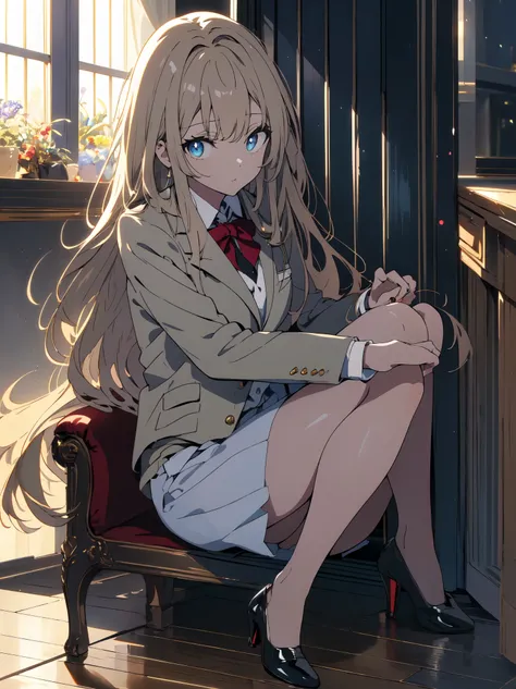 (highest quality、masterpiece、High resolution、detailed)、((Shining eyes、detailed美しい顔))raise your heels, Sit down and show your butt from the front, holding my knees, white panties, blazer jacket, long hair, beautiful anime, detailed顔, cute,8K