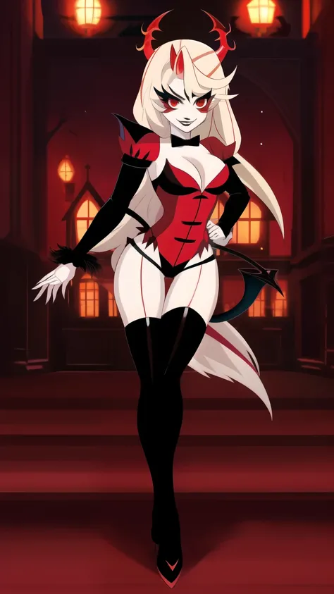 anime, charlie morning star in a red lingerie with horns and a demon tail black thigh high stockings , cruella devil, villainess, demoness, evil pose, mara demon, giesha demon, demonic! compedium!, evil princess, devilish, queen of hell, evil godess, mika ...