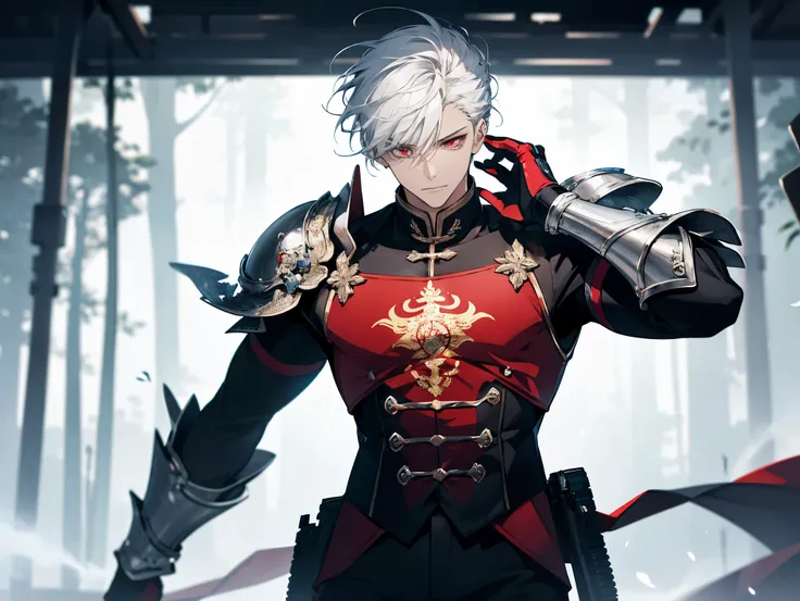 1 man, teacher, wearing white shirt, red adventure suit with some armor, black long pants, white hair, short hair, red eyes, not...