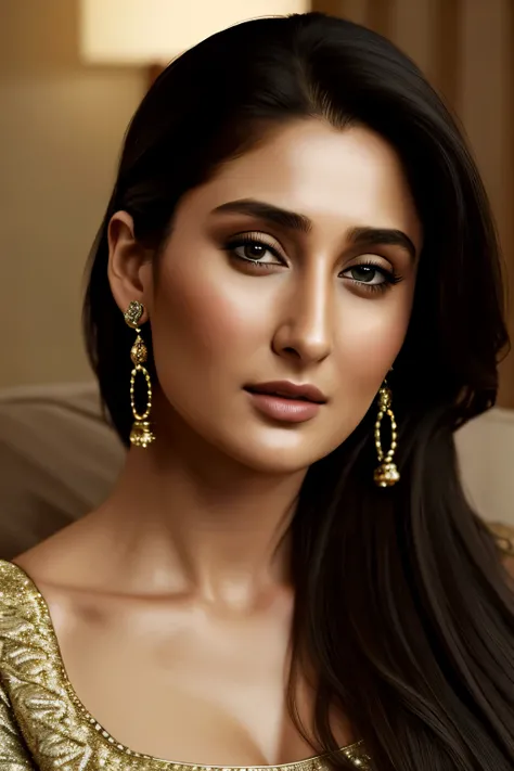 Realistic full body shot of a 26-year-old woman, asymmetrical face featuring the distinctive charm of Kareena Kapoor, wearing a low-neck, tightly fitted salwar kameez that accentuates her curves. Her black messy hair cascades down her shoulders, framing he...