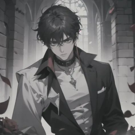 masterpiece, highest quality, male１people, adult, expensive, thin, we say, vampire, Holding a withered rose, petal, anime, monochrome, thin線, luxury