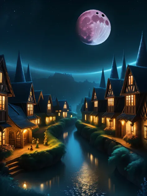 beautiful enchanted fantasy surrealism, moonlit night in a beautiful ethereal fantasy village, moon goddess abstract vibes, villagescape, phone wallpaper, magical fantasy world