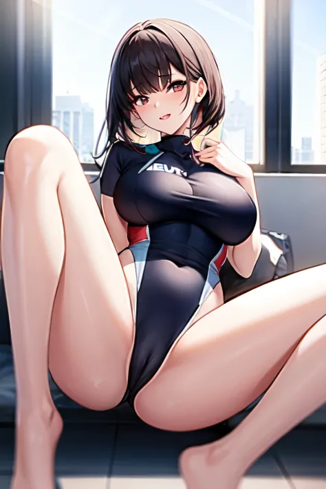 ((best quality)), (detailed), visage parfait, corp parfait, corp entier, maillot de bain de compétition, legs spread, big gap, vue de face,