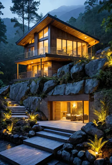 design view on a picturesque wooden modern villa nestled in the midst of towering mountains and a serene rainy forest. envision ...