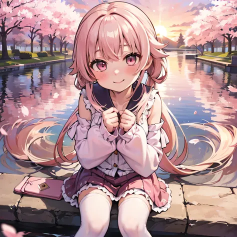 sakuramiku, upper body, smile, blush, sitting, ((cherry blossoms)), ((pink sleeves)), pink tone, ((pink stockings)), pink sky, s...