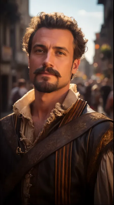 In the image, a man with a beard and mustache wearing a ruffled shirt and a leather vest stands in a busy street. The sky is golden in the background.