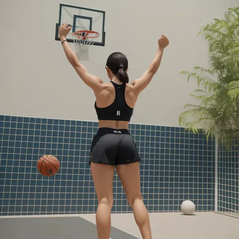 mulher de short preto e blusa preta jogando basquete, shot from behind, long distance shot from behind, Dunk, chute de perna e quadril, chute traseiro centrado no corpo inteiro, chute de quadril e perna, long distance shot from behind, costas arqueadas, Re...