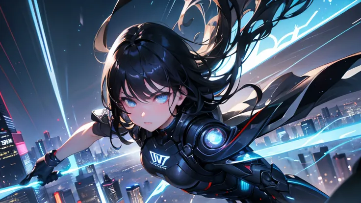 Mechanical、(((Dynamic movement)))、black hair、dreamy girl、Futuristic cityscape、rays of light、blade、Eyes that are sucked in、rebellious look