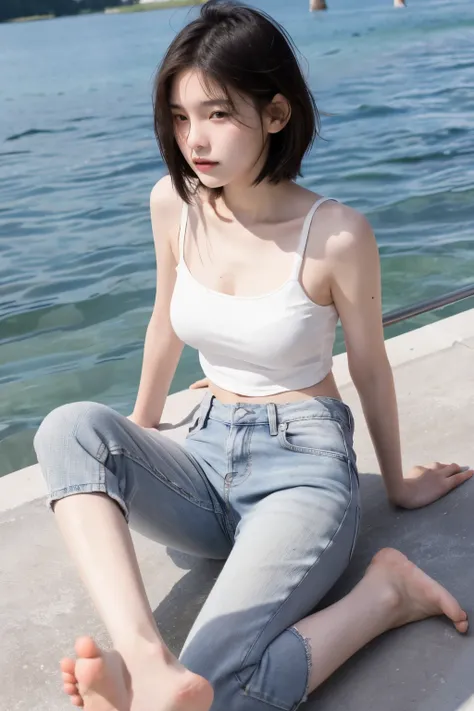 18 year old girl slender figure、black short hair　white skin　gray tank top、jeans、barefoot、lake shore、serious face