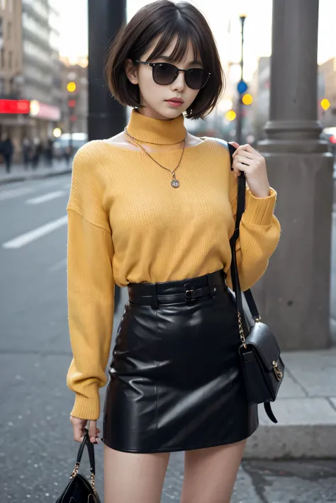 (thin:1.2), because i&#39;thin, small breasts, woman, ((black pixie cut:1.2)), (dull bangs), 「based on a black and yellow leathe...